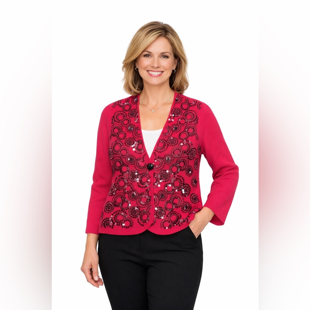 Jones New York Collection 100% Merino Wool Sequin Embroidered Cardigan NWT S